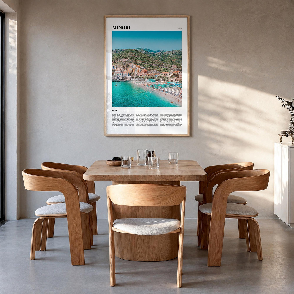 Minori colorful travel poster of Italy – vertical wall art in natural wood frame, hanging on wall