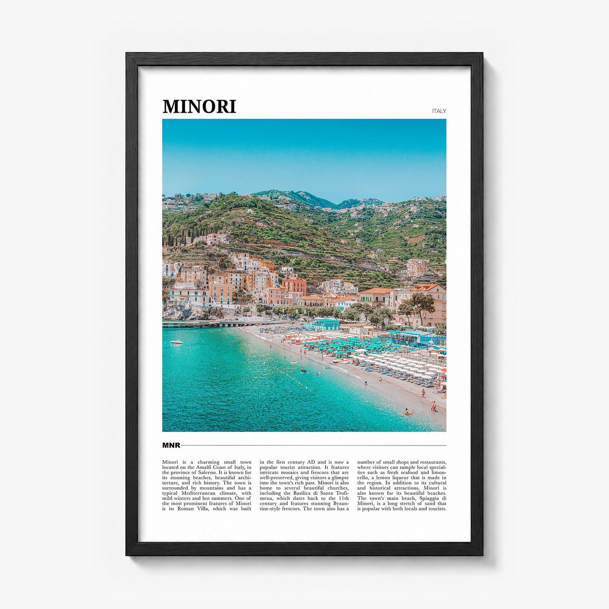 Minori Travel Poster in a black wood frame