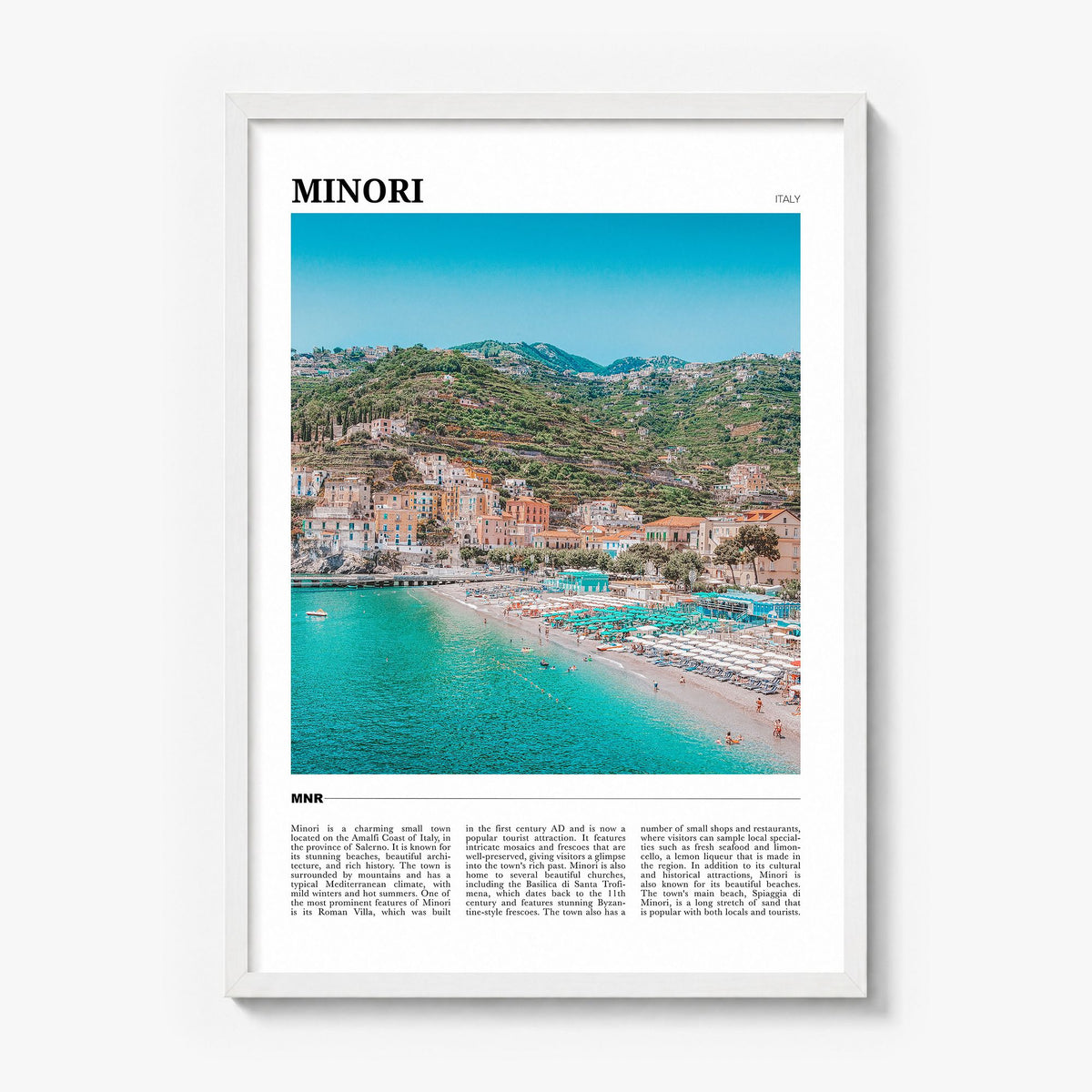 Minori Travel Poster in a white wood frame