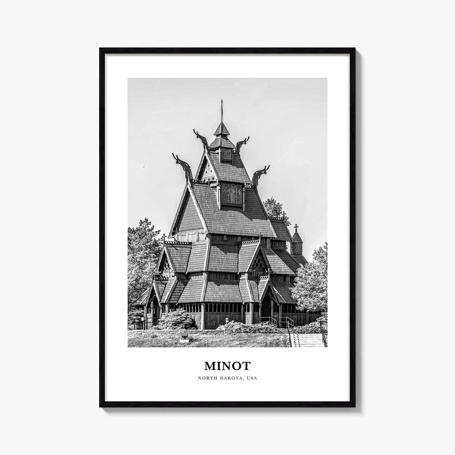 Minot black & white classic poster of North Dakota, USA – vertical wall art, unframed print shown in interior mockup