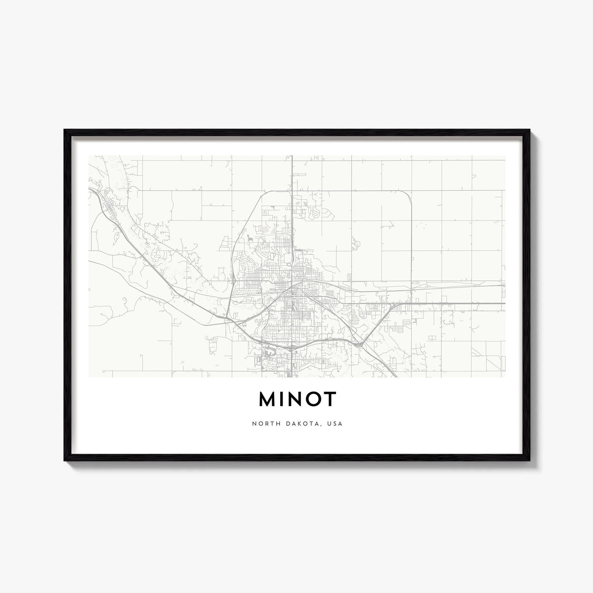 Minot black & white map poster of North Dakota, USA – horizontal wall art, unframed print shown in interior mockup