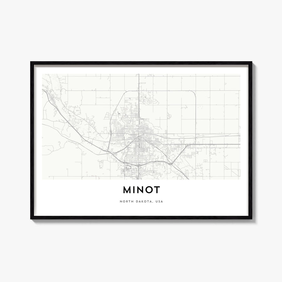 Minot black & white map poster of North Dakota, USA – horizontal wall art, unframed print shown in interior mockup