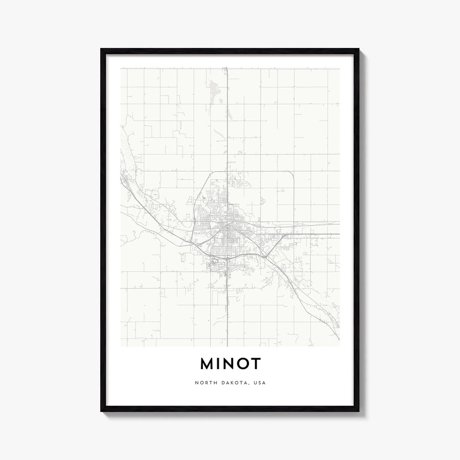 Minot black & white map poster of North Dakota, USA – vertical wall art, unframed print shown in interior mockup