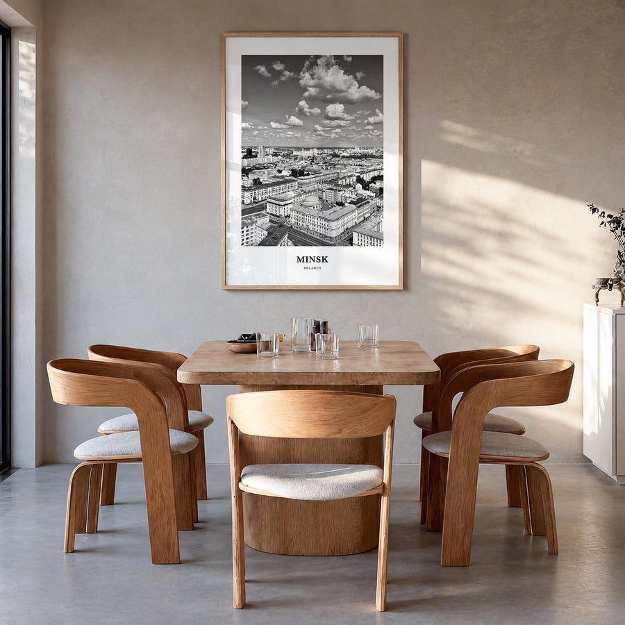 Minsk black & white classic poster of Belarus – vertical wall art in natural wood frame, hanging on wall