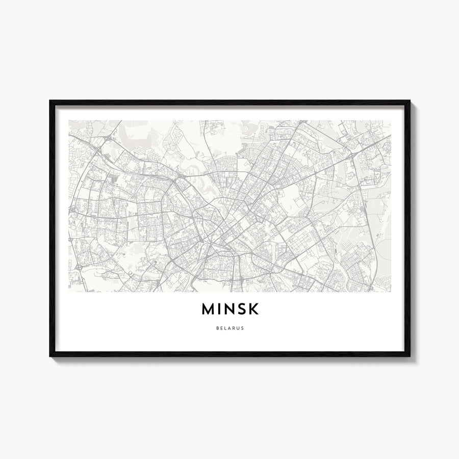 Minsk black & white map poster of Belarus – horizontal wall art, unframed print shown in interior mockup