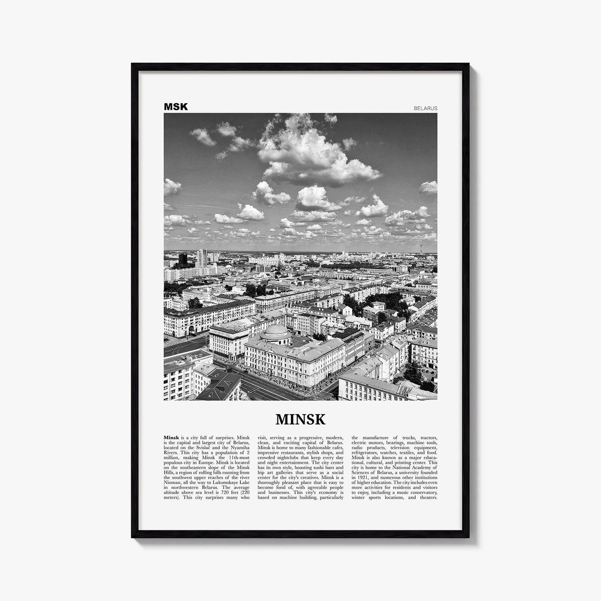 Minsk black & white newspaper poster of Belarus – vertical wall art, unframed print shown in interior mockup