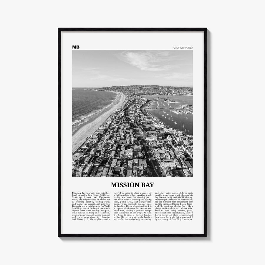 Mission Bay black & white newspaper poster of California, USA – vertical wall art, unframed print shown in interior mockup