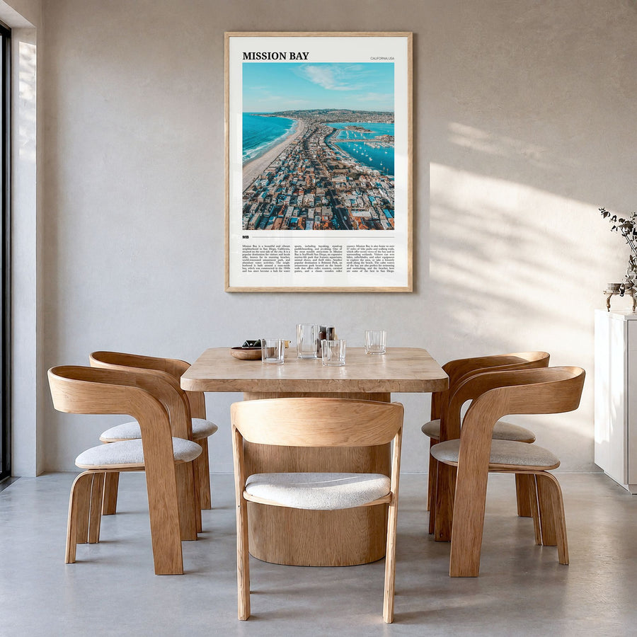 Mission Bay Travel Poster in a natural wood frame, hanging in a dining room