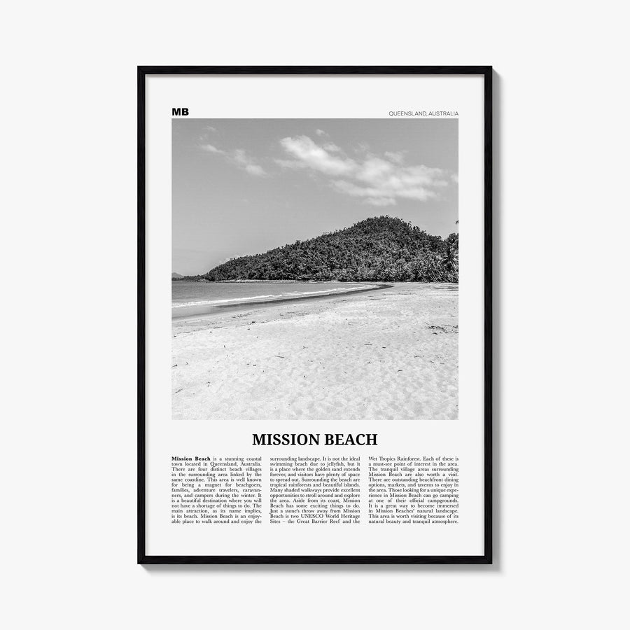 Mission Beach, Queensland black & white newspaper poster of Australia – vertical wall art, unframed print shown in interior m