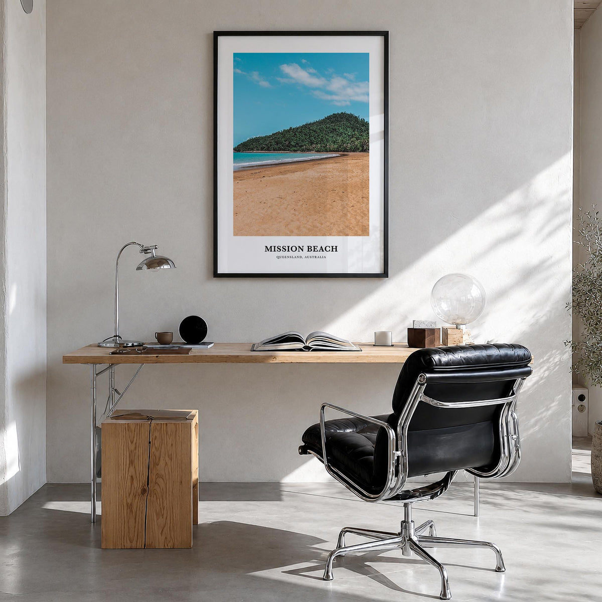 Mission Beach, Queensland colorful classic poster of Australia – vertical wall art in black wood frame, hanging on wall