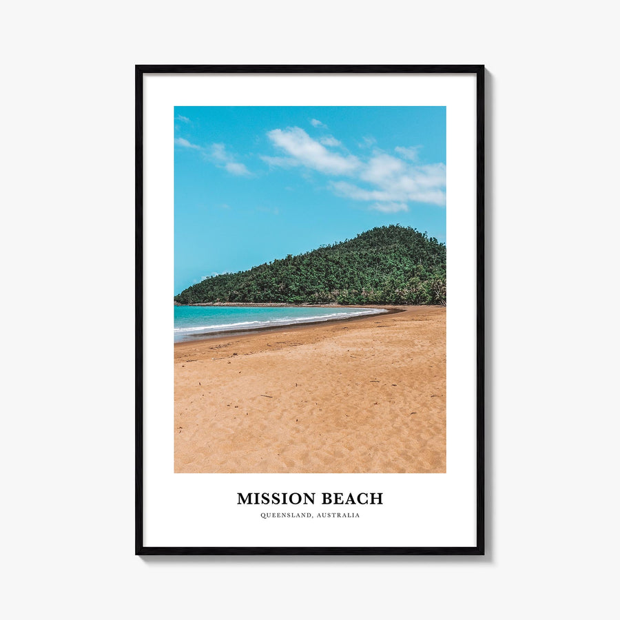 Mission Beach, Queensland colorful classic poster of Australia – vertical wall art, unframed print shown in interior mockup