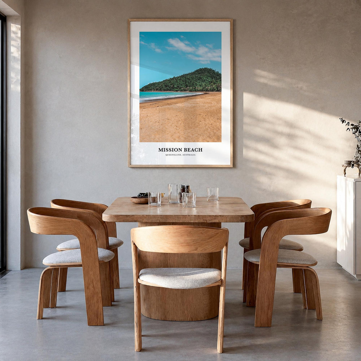 Mission Beach, Queensland colorful classic poster of Australia – vertical wall art in natural wood frame, hanging on wall