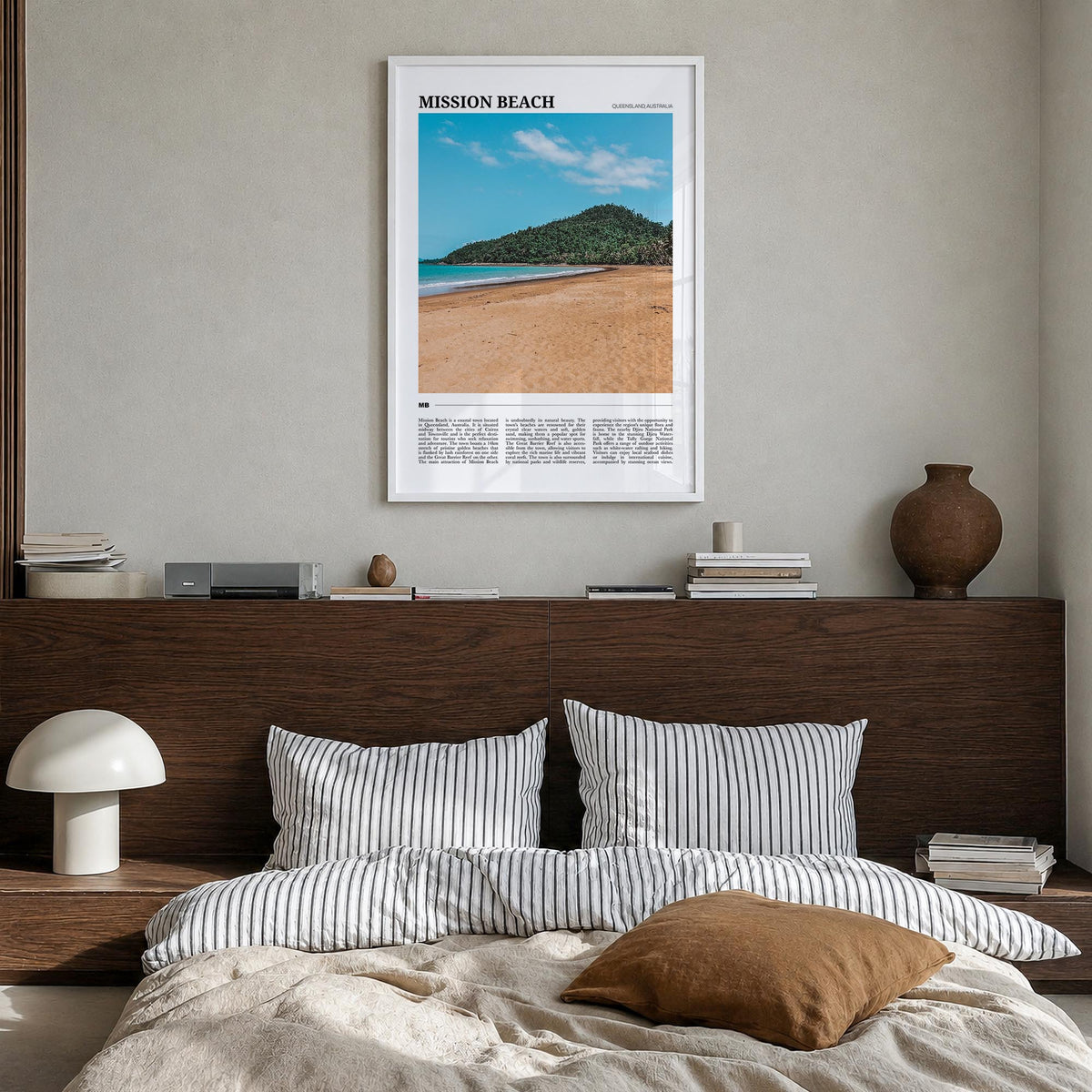 Mission Beach, Queensland colorful travel poster of Australia – vertical wall art in white wood frame, hanging on wall