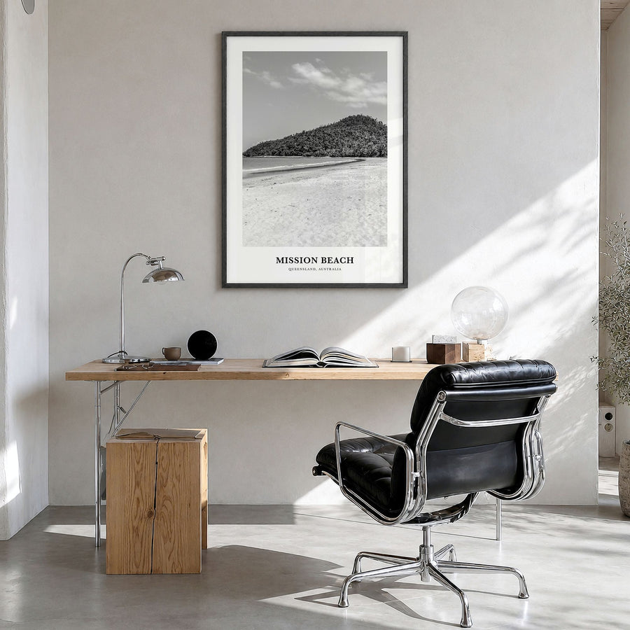 Mission Beach, Queensland Classic Poster in a black wood frame, hanging in a bright home office
