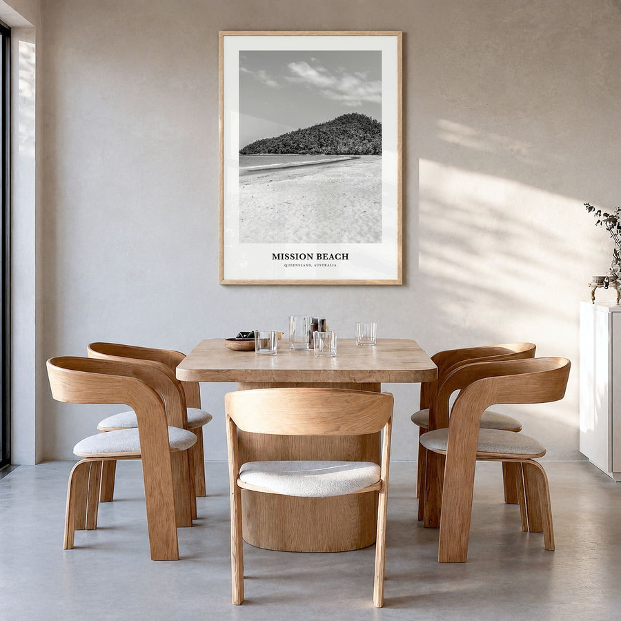 Mission Beach, Queensland Classic Poster in a natural wood frame, hanging in a dining room