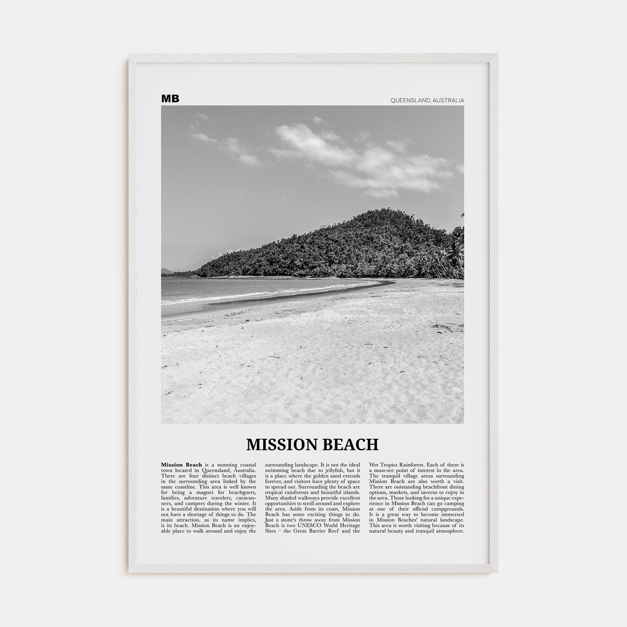 Mission Beach, Queensland Poster White Wood / 8x12 in Nbourhood Travel B&W Poster