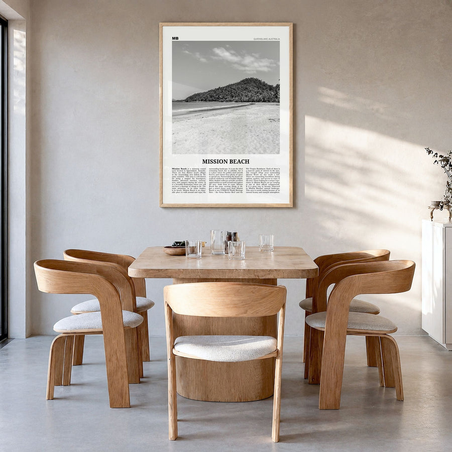 Mission Beach, Queensland Newspaper Poster in a natural wood frame, hanging in a dining room