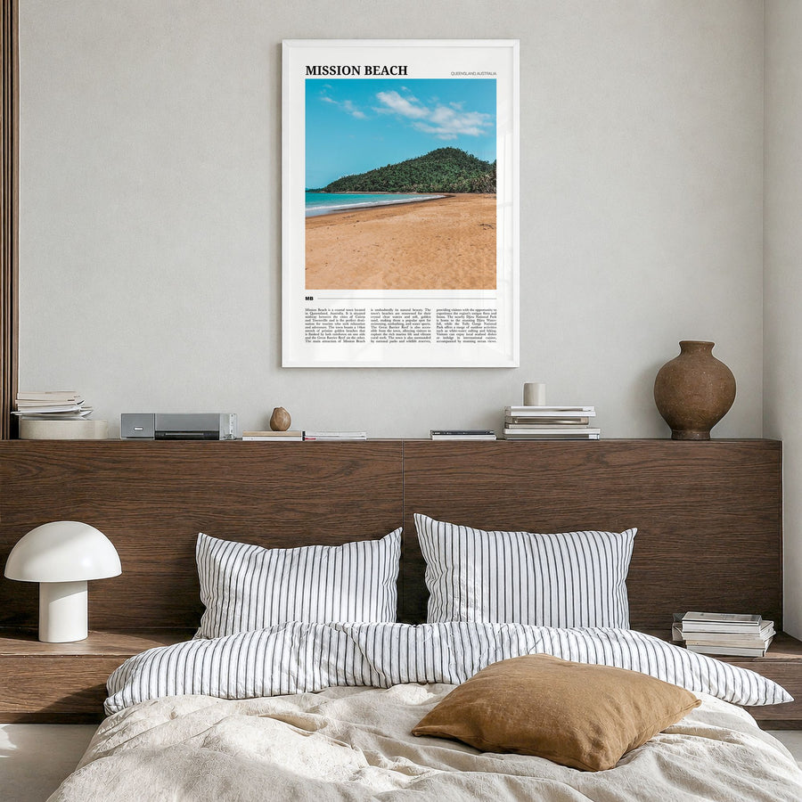 Mission Beach, Queensland Travel Poster in a white wood frame, hanging in a bedroom