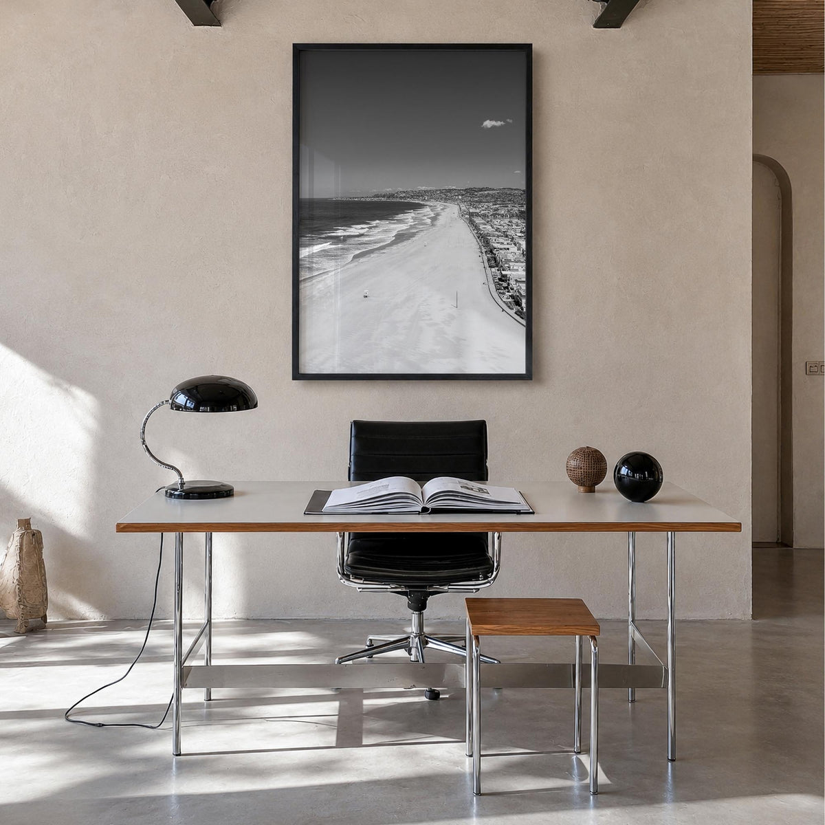 Mission Beach, San Diego black & white photo poster of California, USA – vertical wall art in black wood frame, hanging on wa