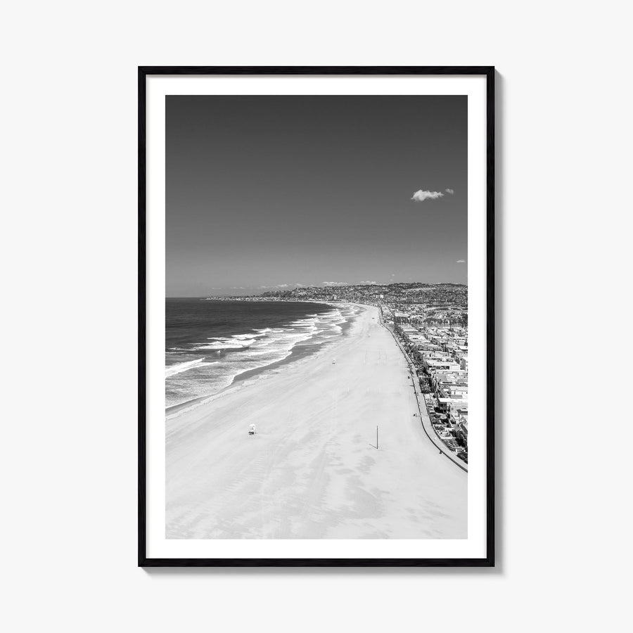 Mission Beach, San Diego black & white photo poster of California, USA – vertical wall art, unframed print shown in interior 