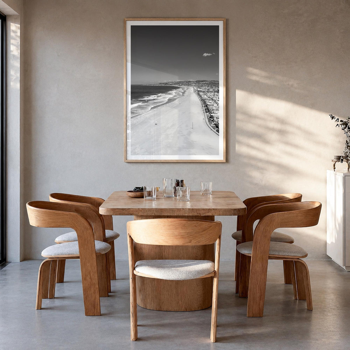 Mission Beach, San Diego black & white photo poster of California, USA – vertical wall art in natural wood frame with white b