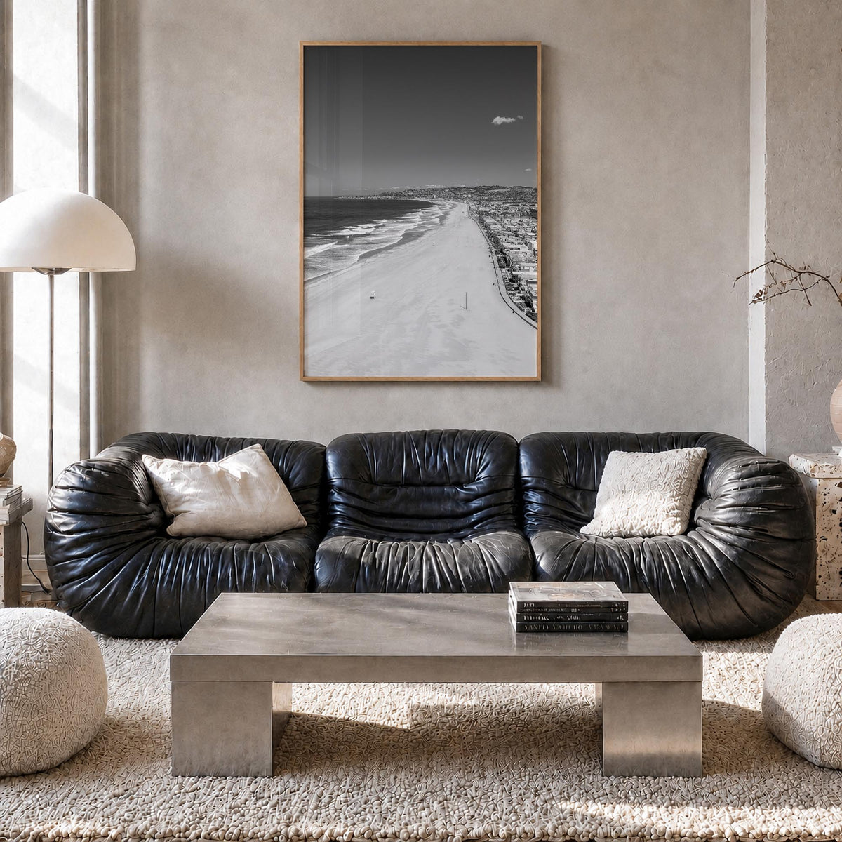Mission Beach, San Diego black & white photo poster of California, USA – vertical wall art in natural wood frame, hanging on 