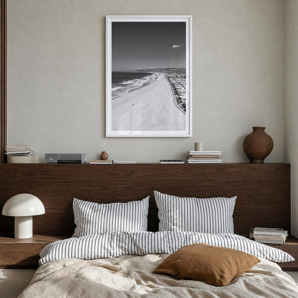 Mission Beach, San Diego black & white photo poster of California, USA – vertical wall art in white wood frame with white bor