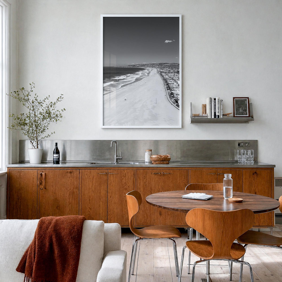 Mission Beach, San Diego black & white photo poster of California, USA – vertical wall art in white wood frame, hanging on wa