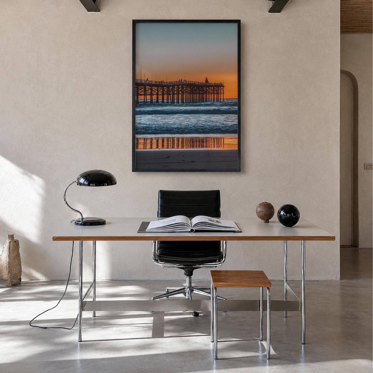 Mission Beach, San Diego colorful photo poster of California, USA – vertical wall art in black wood frame, hanging on wall