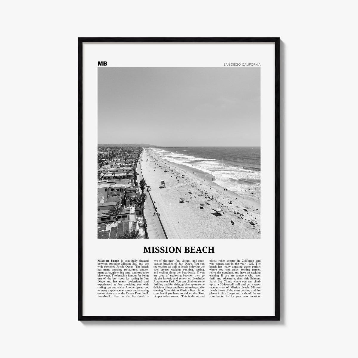 Mission Beach, San Diego no. 1 black & white newspaper poster of California, USA – vertical wall art, unframed print shown in
