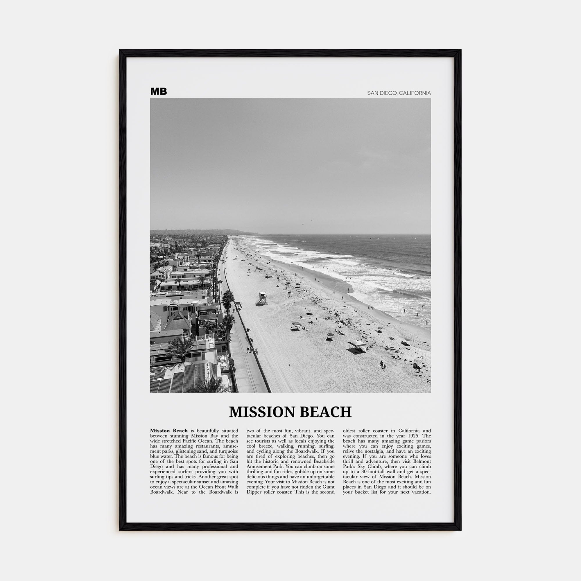 Mission Beach, San Diego No 1 Poster Black Wood / 8x12 in Nbourhood Travel B&W Poster