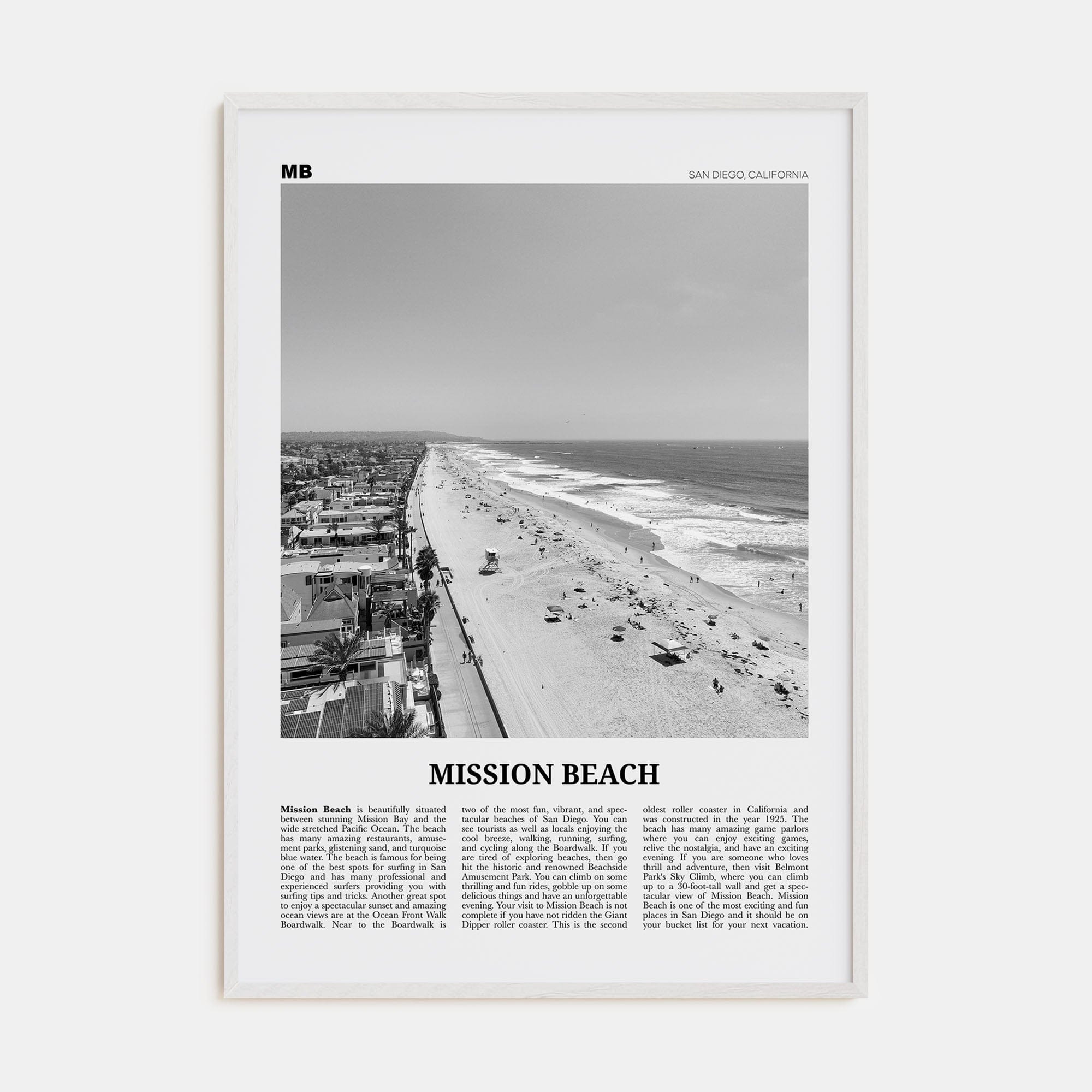 Mission Beach, San Diego No 1 Poster White Wood / 8x12 in Nbourhood Travel B&W Poster