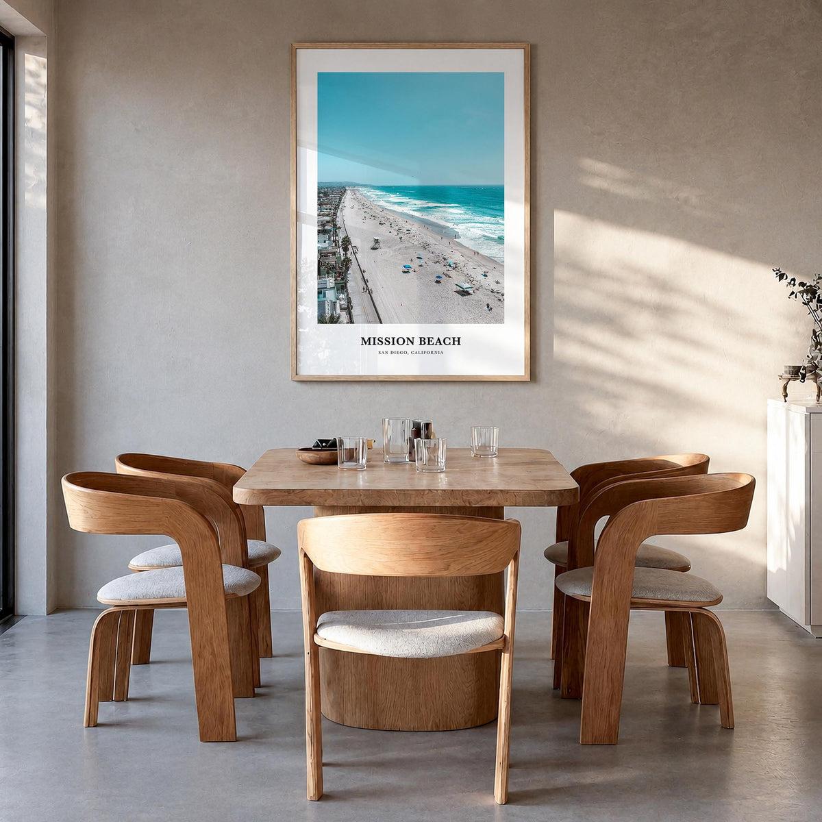 Mission Beach, San Diego no. 2 colorful classic poster of California, USA – vertical wall art in natural wood frame, hanging 