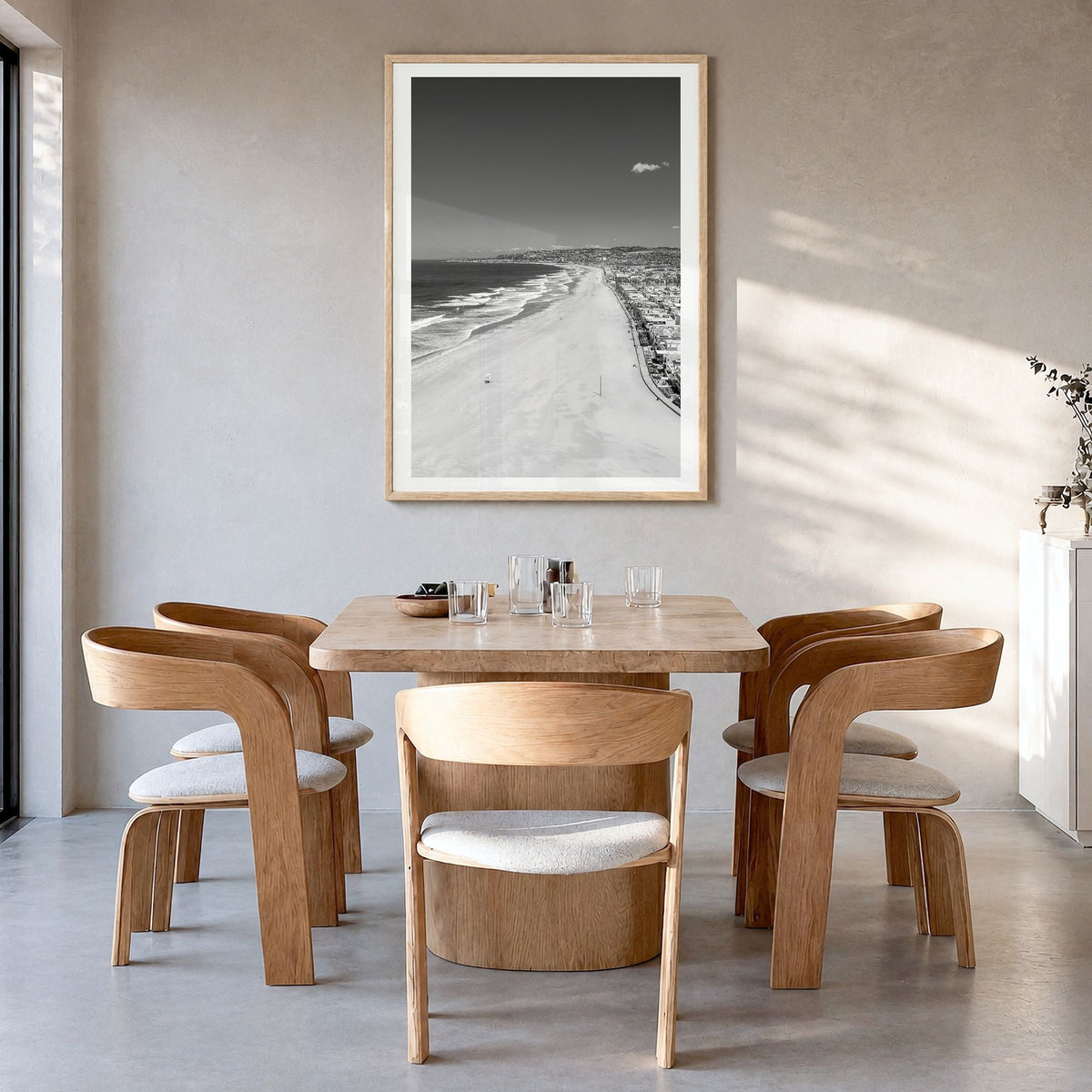 Mission Beach, San Diego Photo Poster in a natural wood frame, hanging in a dining room, white border