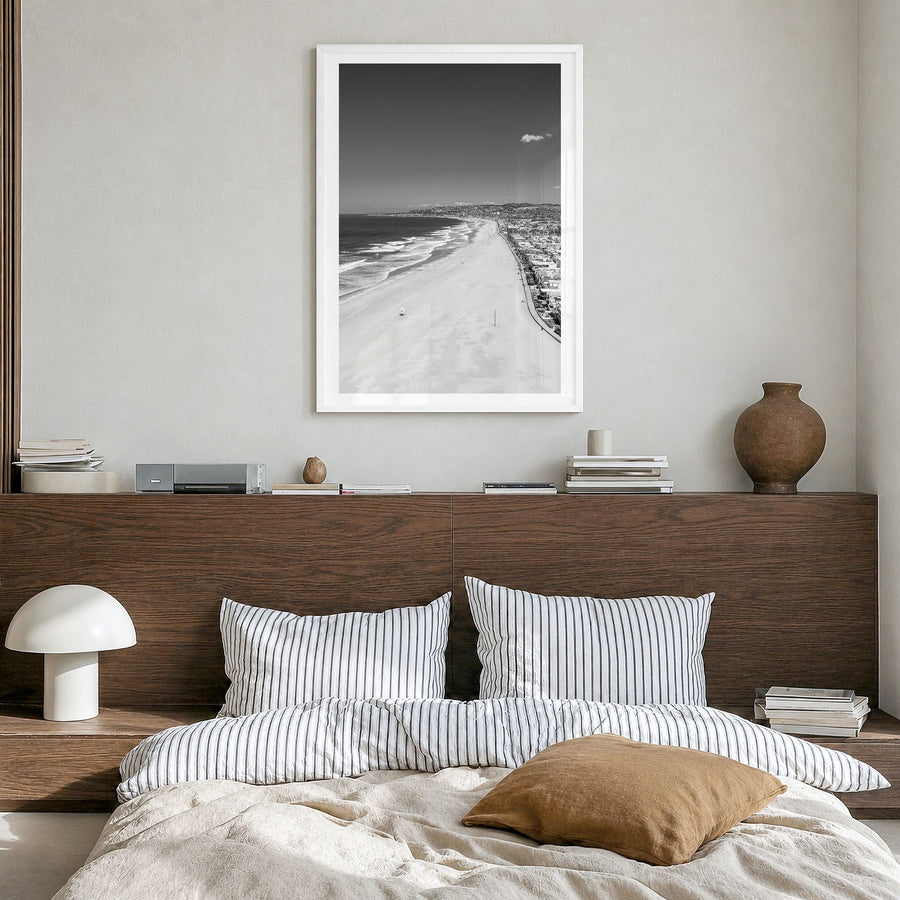 Mission Beach, San Diego Photo Poster in a white wood frame, hanging in a bedroom, white border