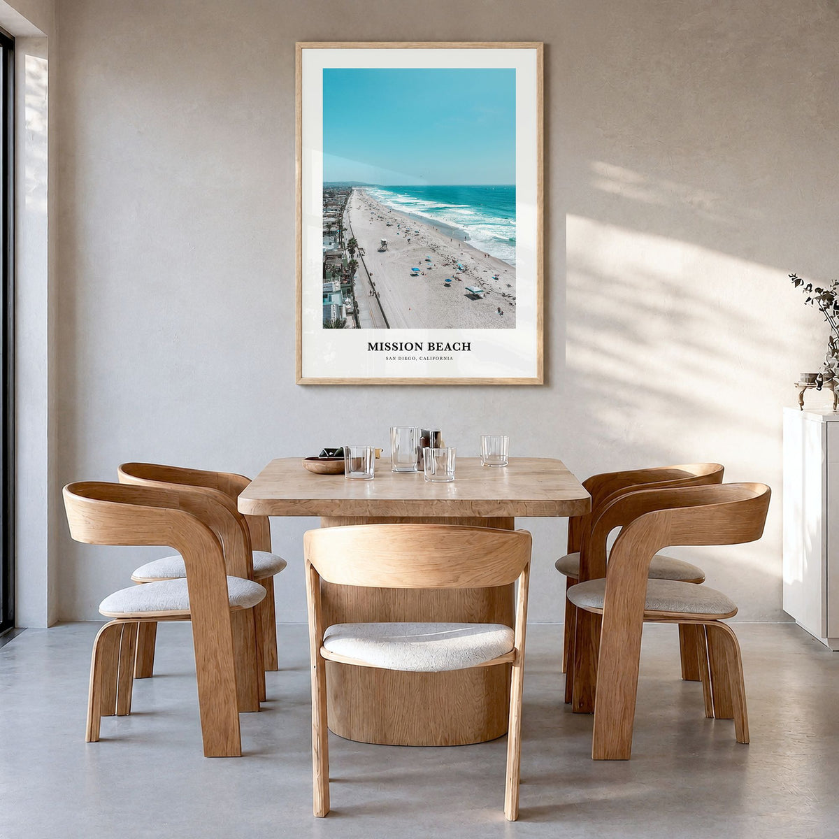 Mission Beach, San Diego Classic No 2 Poster in a natural wood frame, hanging in a dining room