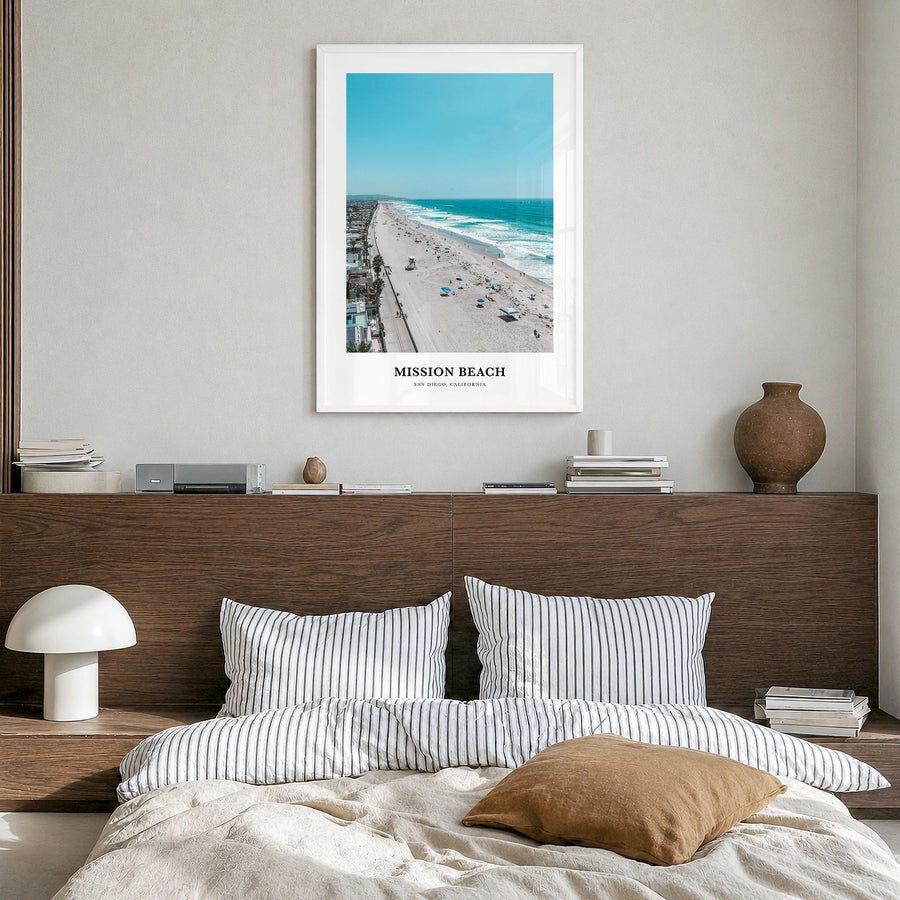 Mission Beach, San Diego Classic No 2 Poster in a white wood frame, hanging in a bedroom