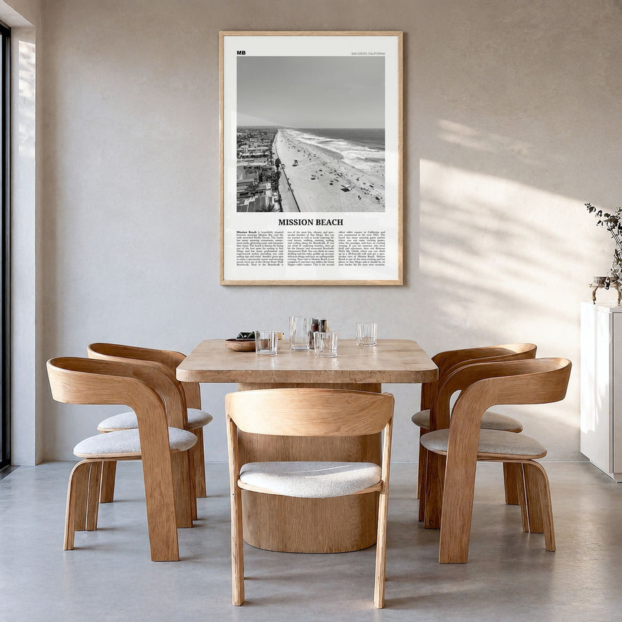Mission Beach, San Diego Newspaper No 1 Poster in a natural wood frame, hanging in a dining room