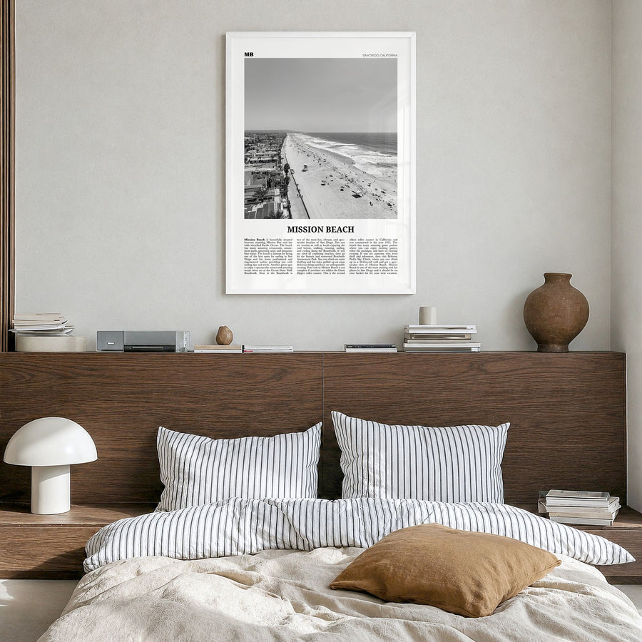 Mission Beach, San Diego Newspaper No 1 Poster in a white wood frame, hanging in a bedroom