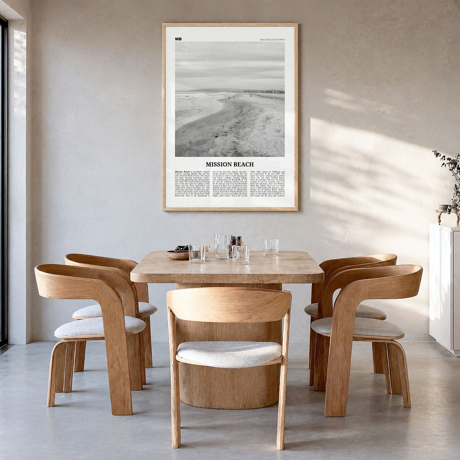 Mission Beach, San Diego Newspaper No 2 Poster in a natural wood frame, hanging in a dining room