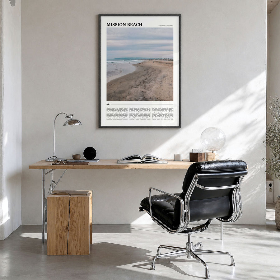 Mission Beach, San Diego Travel No 1 Poster in a black wood frame, hanging in a bright home office