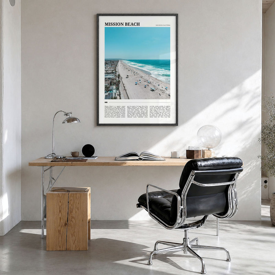Mission Beach, San Diego Travel No 2 Poster in a black wood frame, hanging in a bright home office