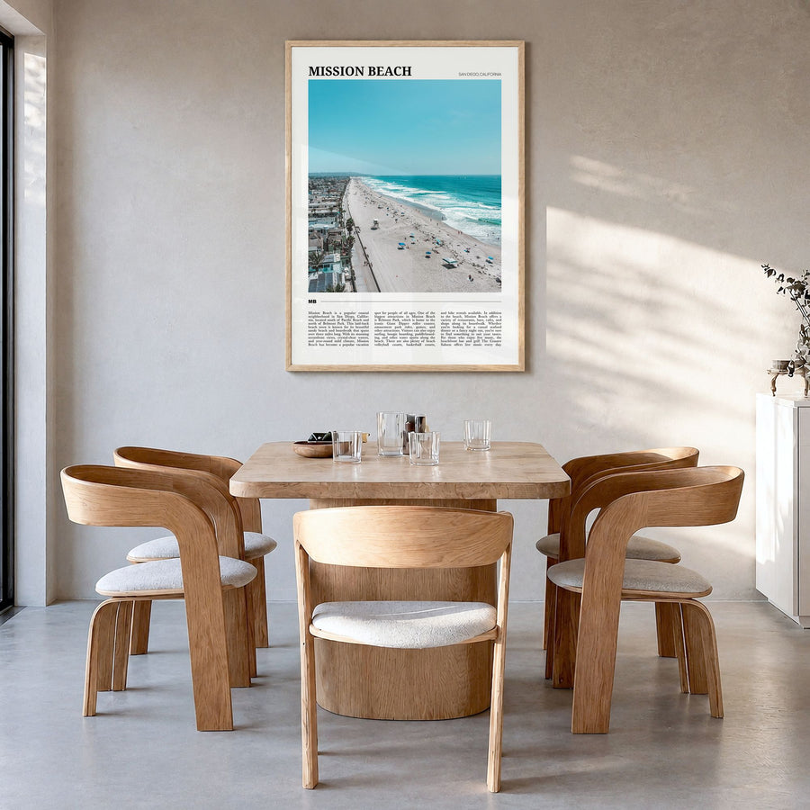 Mission Beach, San Diego Travel No 2 Poster in a natural wood frame, hanging in a dining room
