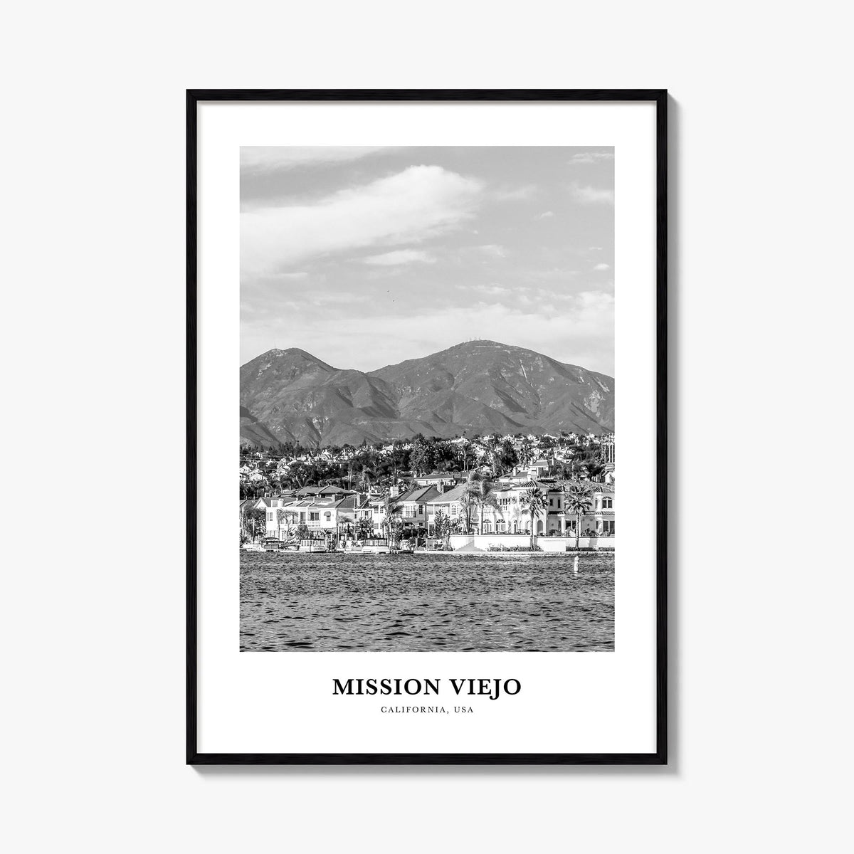 Mission Viejo black & white classic poster of California, USA – vertical wall art, unframed print shown in interior mockup