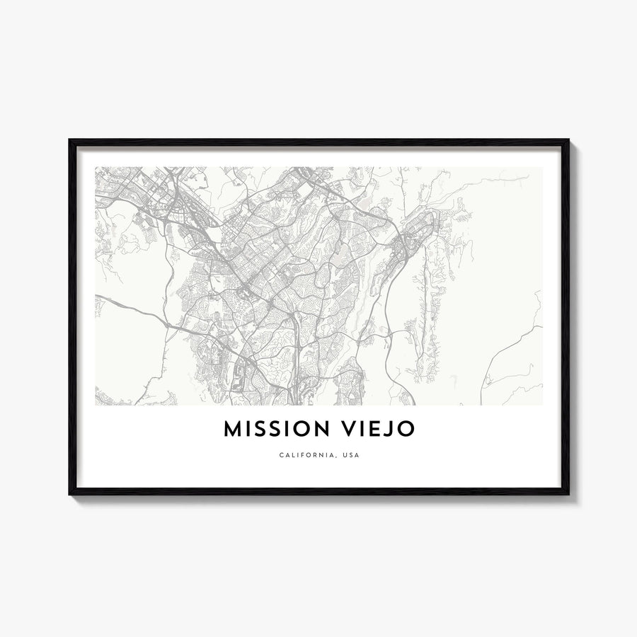 Mission Viejo black & white map poster of California, USA – horizontal wall art, unframed print shown in interior mockup