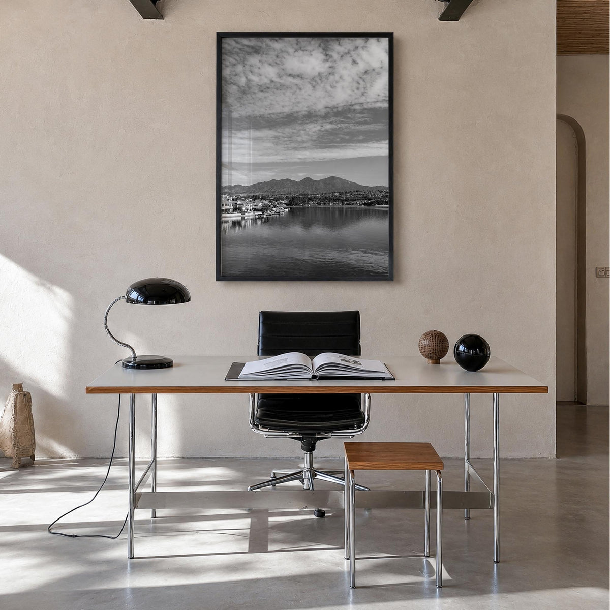 Mission Viejo black & white photo poster of California, USA – vertical wall art in black wood frame, hanging on wall