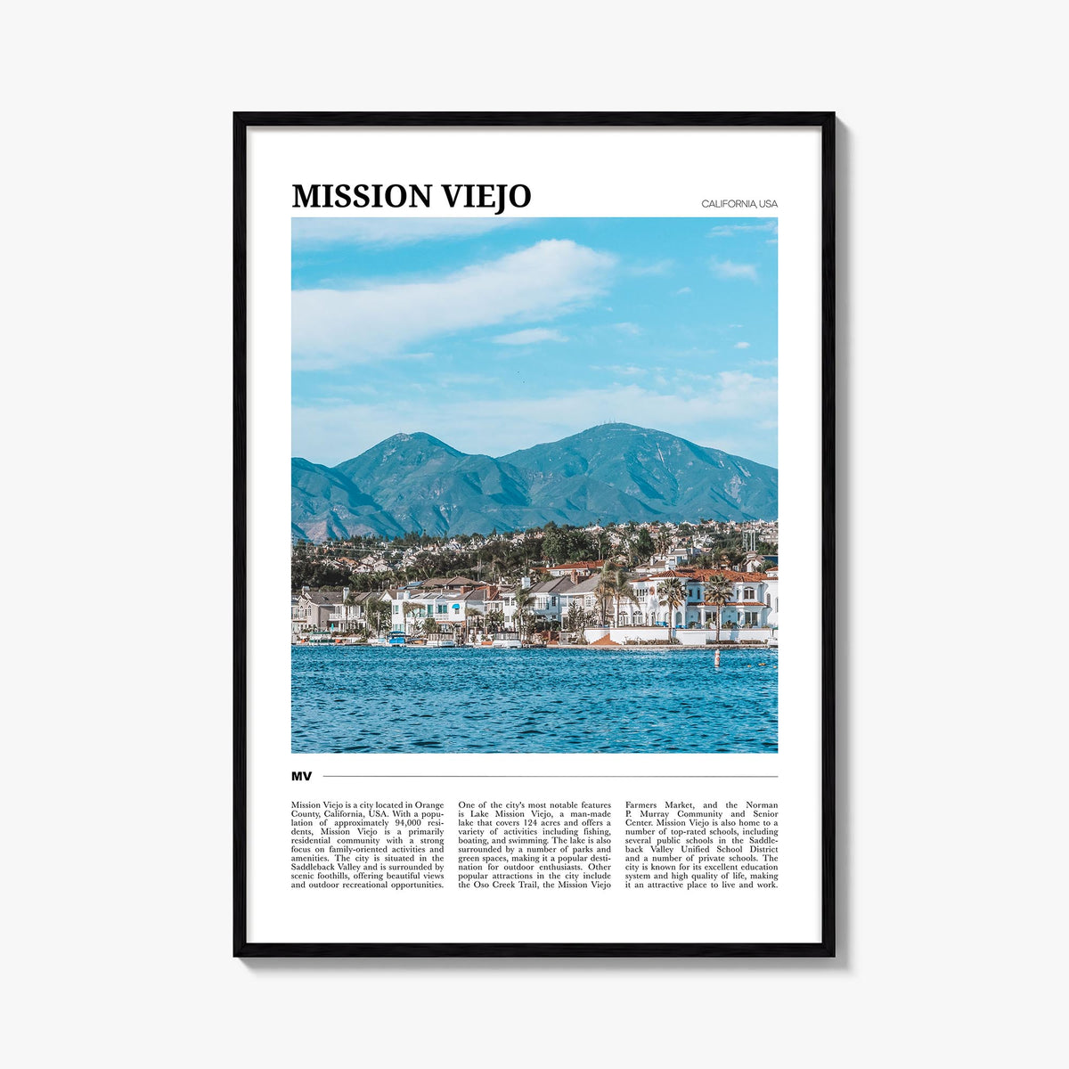 Mission Viejo colorful travel poster of California, USA – vertical wall art, unframed print shown in interior mockup