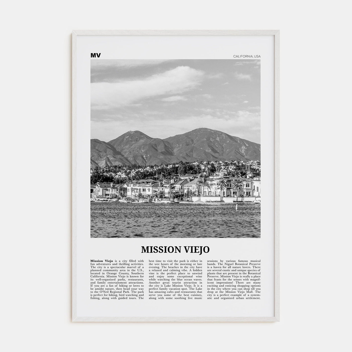 Mission Viejo Poster White Wood / 8x12 in Nbourhood Travel B&W Poster