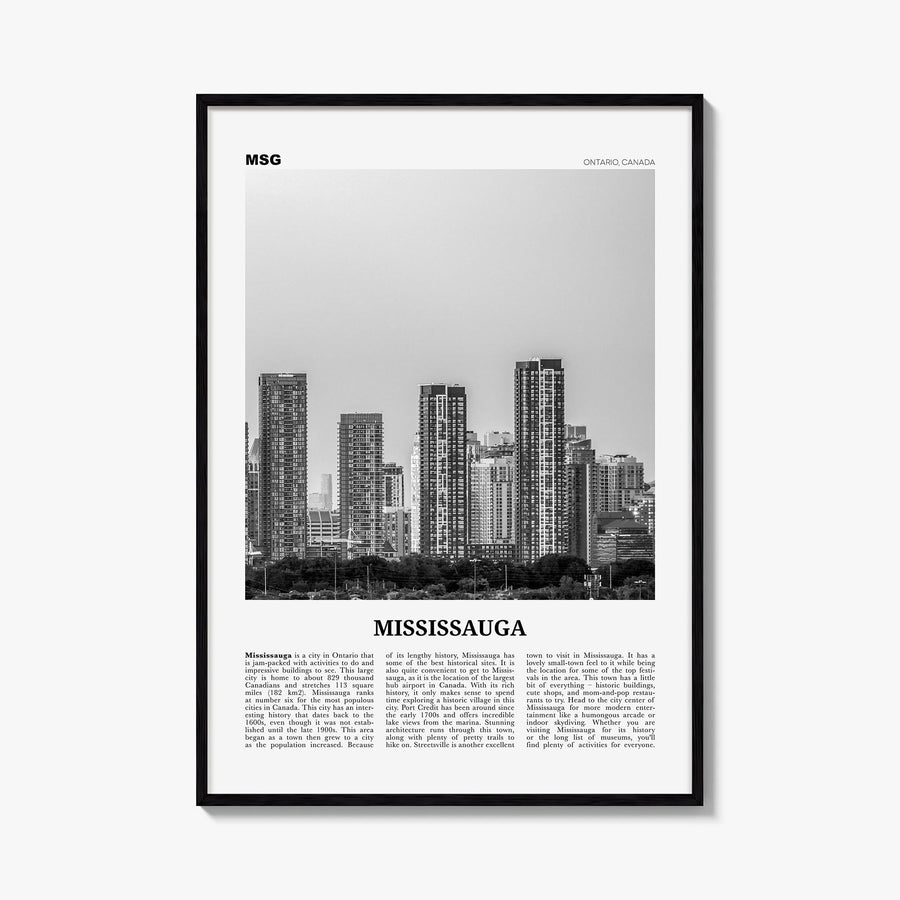 Mississauga black & white newspaper poster of Canada – vertical wall art, unframed print shown in interior mockup