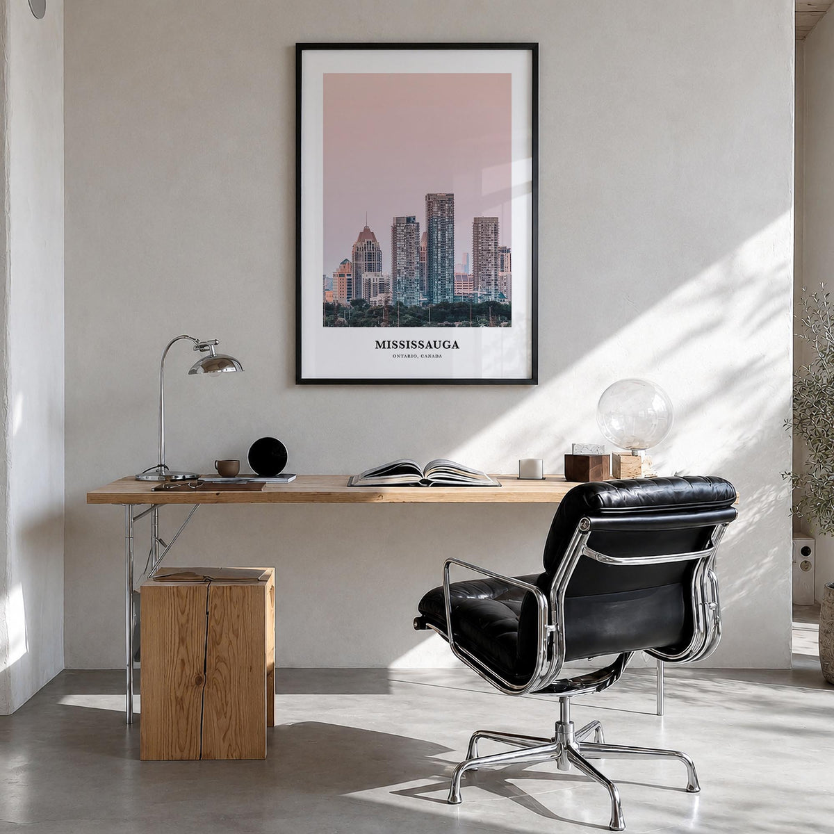 Mississauga colorful classic poster of Canada – vertical wall art in black wood frame, hanging on wall